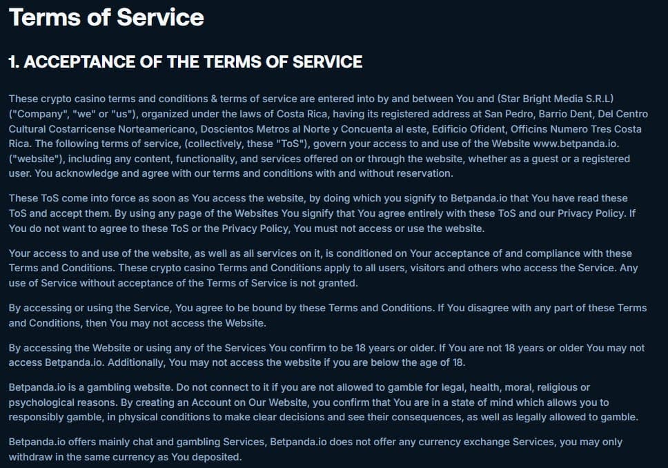Betpanda Casino conditions service